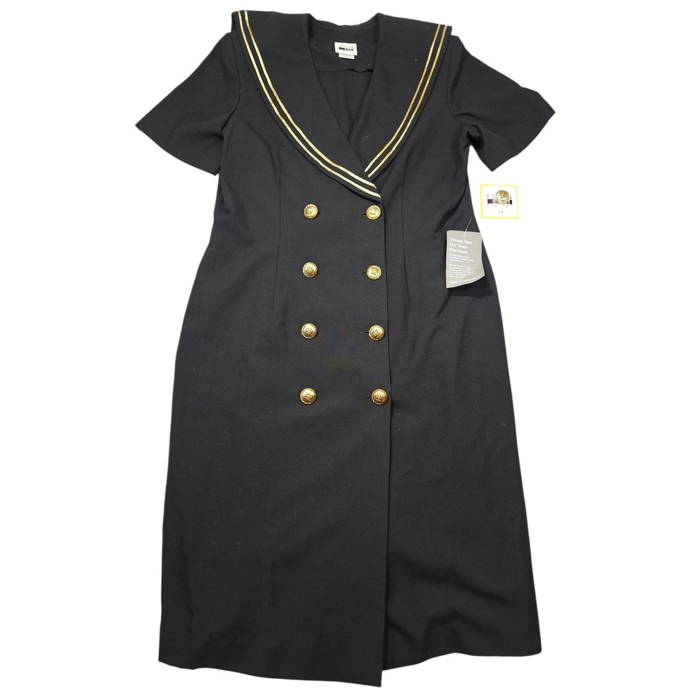 VTG Leslie Fay Sailor Collar Double Breasted Midi Dress Black Gold Sz 14 NWT